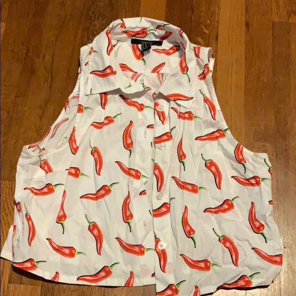 Chili pepper button up tank top, with collar.